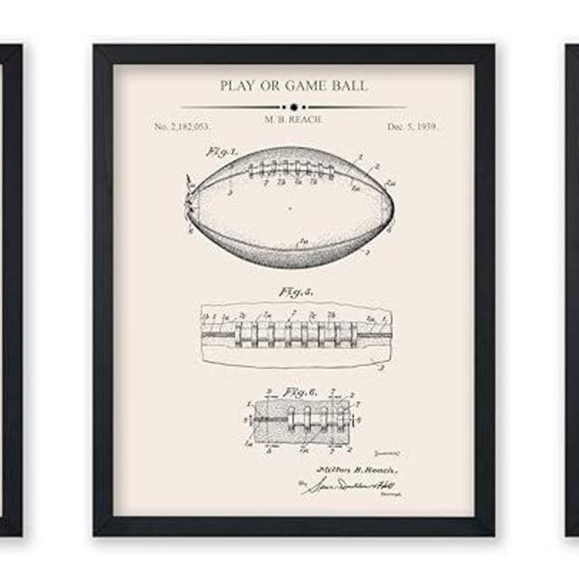 Poster Master 3-Piece Football Blueprint Poster - Football Shoulder Pad Patent Print - Game Ball Art - Sports Art - Technical Drawing Art - Great Office or Gym Wall Decor - 8x10 UNFRAMED Wall Art
