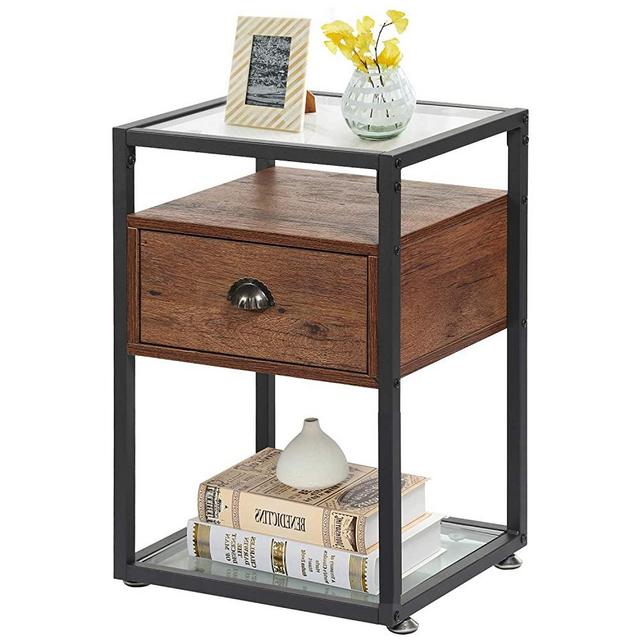 VECELO Modern Side, Nightstand, Tempered Glass End Table, Cabinet with Drawer and Rustic Shelf, Decoration in Living Room,Bedroom,Lounge-Walnut Brown
