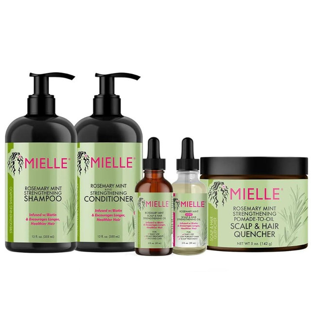 Mielle Organics Men's Grooming Bundle Rosemary Mint - 5-Piece Complete Routine - Biotin-Infused Shampoo, Conditioner, Scalp & Hair Oils, Hair Quenching Pomade