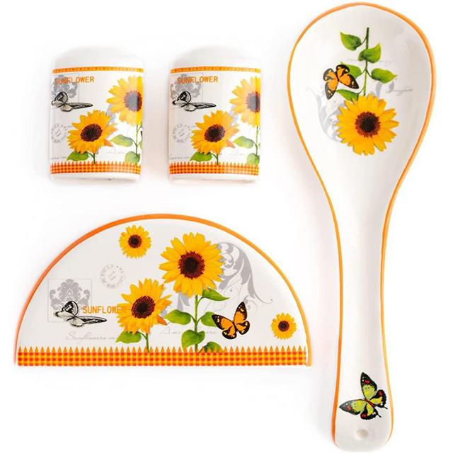 Sunflower Salt and Pepper Shakers, Sunflower Spoon Rest and Sunflower Napkin Holder for Sunflower Kitchen Decor and Accessories - Yellow Kitchen Decor and Ceramic Country Decorations Set