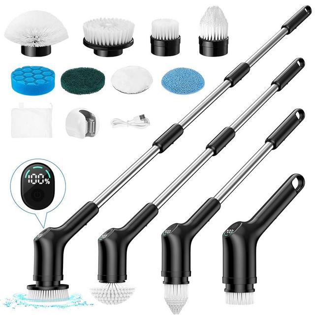 Electric Spin Scrubber, FRIWOLE Upgrade LED Display 3 Speeds Cordless Cleaning Brush with 8 Replaceable Brush Heads, with Adjustable & Detachable Handle Up to 450 RPM, for Bathtub Tile Floor - Black