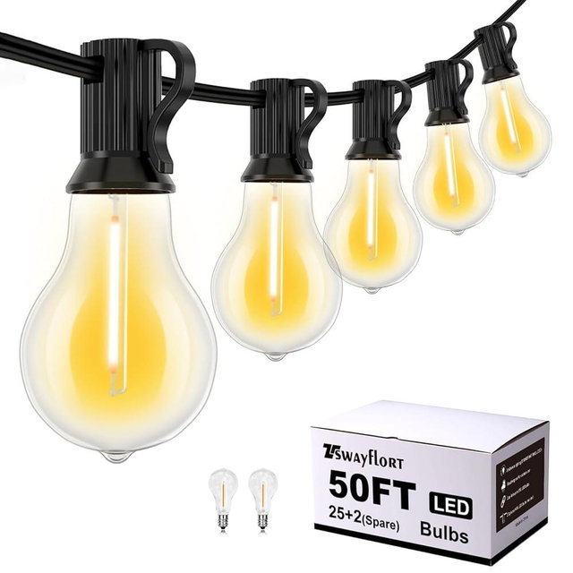 Tswayflort Outdoor String Lights 50FT LED String Lights for Outside with 27 A39 Waterproof Edison Bulbs (2 Spare), Patio Lights Outside Hanging for Bistro,Balcony,Porch,Yard,Deck,Garden,Black