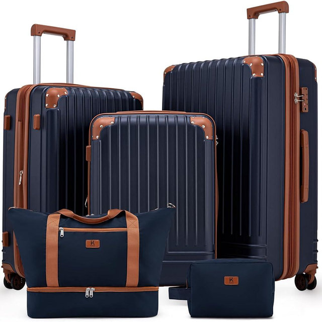 KUNEL Expandable 5 Piece Luggage Sets with Detachable Spinner Wheels and TSA Lock, Unisex Hardside ABS Suitcase Set, Hardshell Lightweight Waterproof Travel Hard Case Suitcases with Wheels, Darkblue