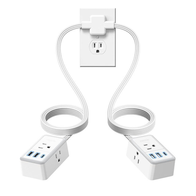 NTONPOWER Double Extension Cord 12 FT, Twin Extension Cord Splitter, 6 Feet Power Cord on Each Side, 1 USB C & 2 USB A & 3 Non Blocking Outlets, Split Power Strip with Flat Plug for Home Dorm Room
