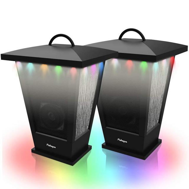 Bluetooth Speakers Waterproof, Pohopa 2 Packs True Wireless Stereo Sound 20W Speakers Dual Pairing Lantern Indoor Outdoor Speakers with 20 Piece Sound Responsive LED Color Lights, Richer Bass, Black