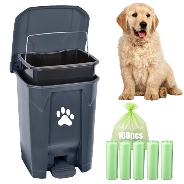 mayayaday Dog Poop Trash Can for Outdoors, Dog Waste Trash Can for Yard Garden Home with Lid Removable Inner Bin, 100PCS Green Waste Bag, Grey Fully Assembled