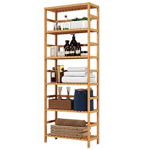 Homfa Bamboo Shelf 6 Tier, 63.4 Inches Height Free Standing Bookshelf Plant Flower Stand Rack Bathroom Storage Tower, Multipurpose Utility Organizer Shelf 100% Nature
