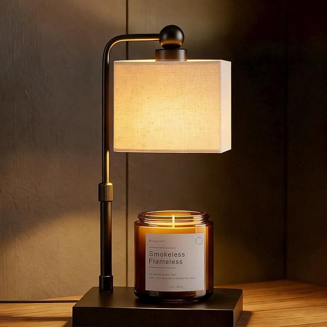 Bingyouth Candle Warmer Lamp with Timer, Dimmable, Adjustable Height, Modern Farmhouse Linen Shade, Black Candle Warming Lamp for Up to 6-Inch Jar Candles, 2 Bulbs Included