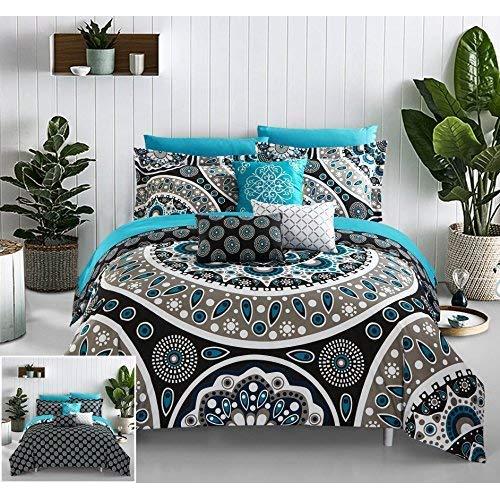 Chic Home 10 Piece Mornington Large Scale Contempo Bohemian Reversible Printed with Embroidered Details. King Bed in a Bag Comforter Set Black