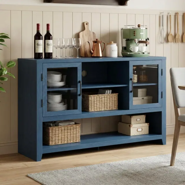 53" Sideboard Buffet Cabinet with Glass Door, Farmhouse Coffee Bar Cabinet w/ Shelves, Large Storage Console Table for Living Room, Dining, Entryway