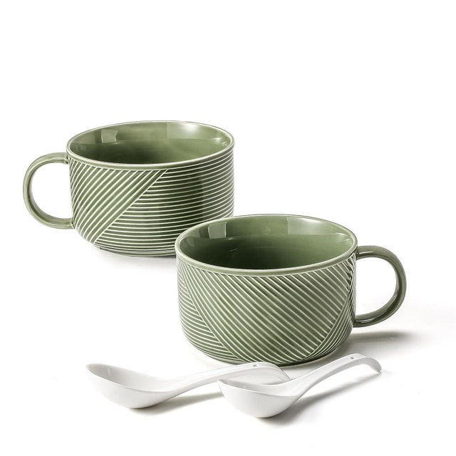 Adewnest Microwave Soup Bowls with Handles: 38 Ounce Extra Large Ceramic Soup Mug with Handle & Spoon - Oversized Ramen Bowl Set of 2, 6 Inch, Green