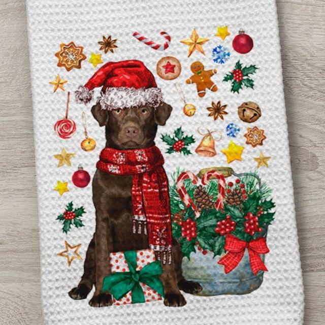 Kitchen Towel, Chocolate Lab Towel, Labrador Towel, Dog Towel, Christmas Lab Towel, Christmas Dog, Microfiber Waffle Weave Towel