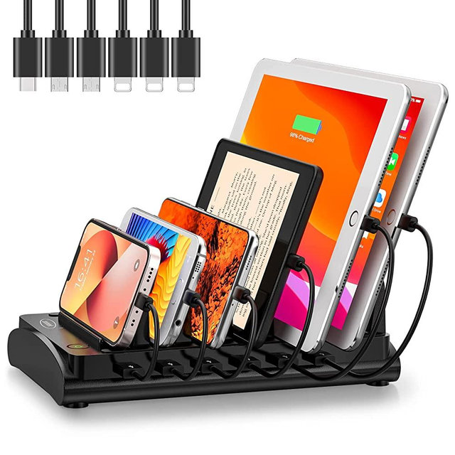 Charging Station for Multiple Devices-ETL Listed, Bototek 60W USB Charger Station Dock with 6 Short Charging Cables for Phones, Tablets, and Other Electronics