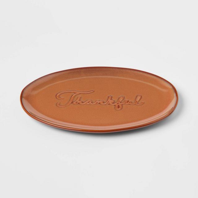 12" x 8" Stoneware Thankful Serving Platter - Threshold™