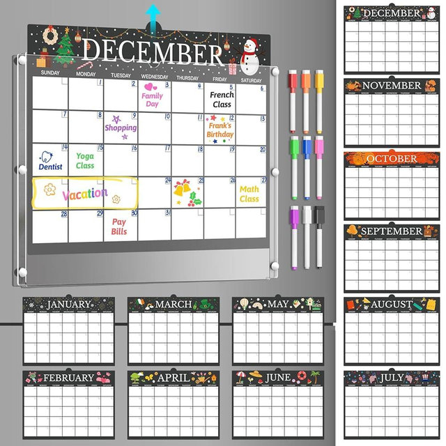 NiHome Reusable Magnetic Acrylic Dry Erase Calendar for Fridge with 12 Monthly Sheets and 9 Color Chalk Markers, Monthly Planner for Meal Prep, Family Schedule, Notes, Grocery Lists and Daily Planning
