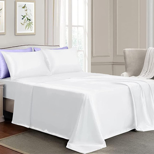 GOLAL Satin Sheets Full Size - 4 Pieces Luxury Silky Soft Bed Sheets, Wrinkle-Free White Satin Silk Sheet Set with 1 Deep Pocket Fitted Sheet, 1 Flat Sheet, 2 Pillow Cases