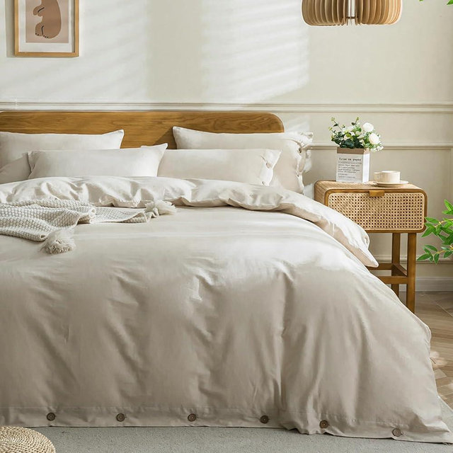 JELLYMONI Cotton Duvet Cover Twin Size - 100% Washed Cotton Linen Like Textured Comforter Cover, 2 Pieces Breathable Soft Bedding Set with Button Closure (Cream Gray, Twin 68"x90")