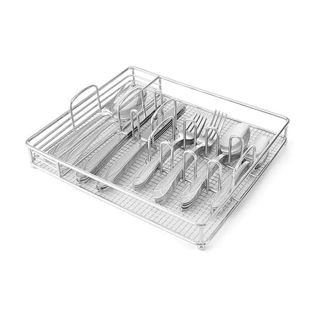 Pfaltzgraff Mirage Frost Everyday Flatware Service for 8, 42 Piece Set, 18/0 Stainless Steel, Silverware Set with Serving Utensils and Caddy