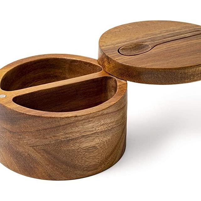 DecoVibe Acacia Salt Box Divided with Magnetic Swivel - 2-Compartment Wooden Spice Cellar - Elegant Wood Storage Keeper for Condiments, Seasoning, Pepper - Attached Spoon on Lid Cover - 3.9x3.9x2.5"