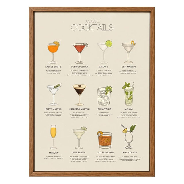 12x16 Inches Framed Classic Cocktails Wall Art – Vintage Bar Decor Print with 12 Illustrated Cocktail Recipes | Home Bar Decor for Kitchen, Living Room, Apartment & Housewarming Gift