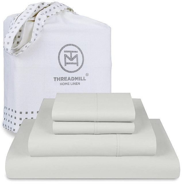 Threadmill Luxury Supima Cotton Sheets, Luxury 1000 Thread Count Soft 100% Cotton Sheets for Queen Size Bed, 4 Pc Light Grey Bed Sheets Queen Set, 5-Star Hotel Quality Deep Pocket Bed Sheets Set
