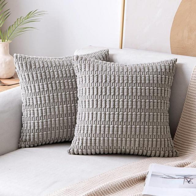 MIULEE Pack of 2 Corduroy Decorative Throw Pillow Covers 20x20 Inch Soft Boho Striped Pillow Covers Modern Farmhouse Home Decor for Sofa Living Room Couch Bed Light Grey