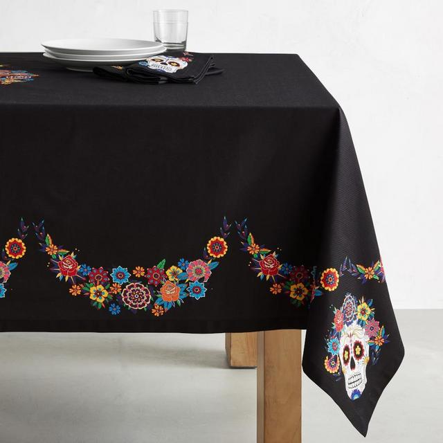 Day of the Dead Tablecloth, 70" X 108", Black