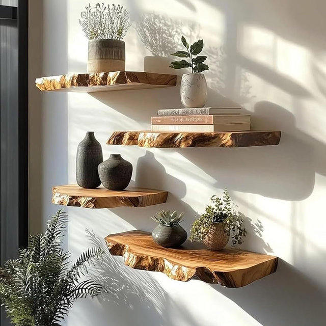 Live Edge Floating Wall Shelves, Teak Wood, Modern Rustic Decor (15" W X 6" D X 1.5" (Inches))