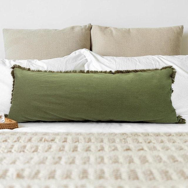 JoraLion Cotton Lumbar Pillow Cover 14x36 inch Moss Green Farmhouse Style Boho Neutral Couch Pillow Cover, Modern Decor Pillowcase for Sofa Couch Living Room Bedroom, ONLY 1 Cover