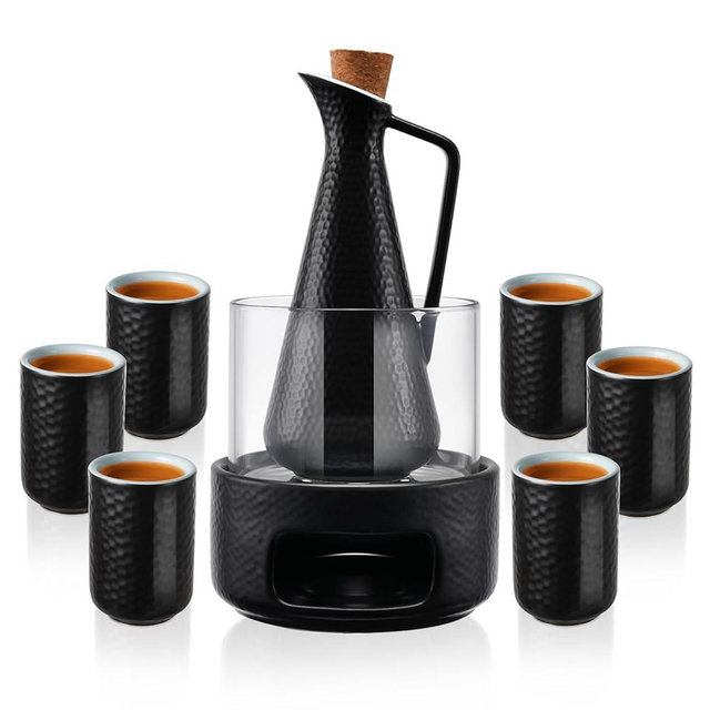 ZENS Sake Set with Warmer, 12 Ounce Embossed Ceramic Sake Bottle 6 Sake Cups and Glass Pot for Hot or Cold Japanese Sake, Black Sake Carafe Gift Sets with Cotton Towel