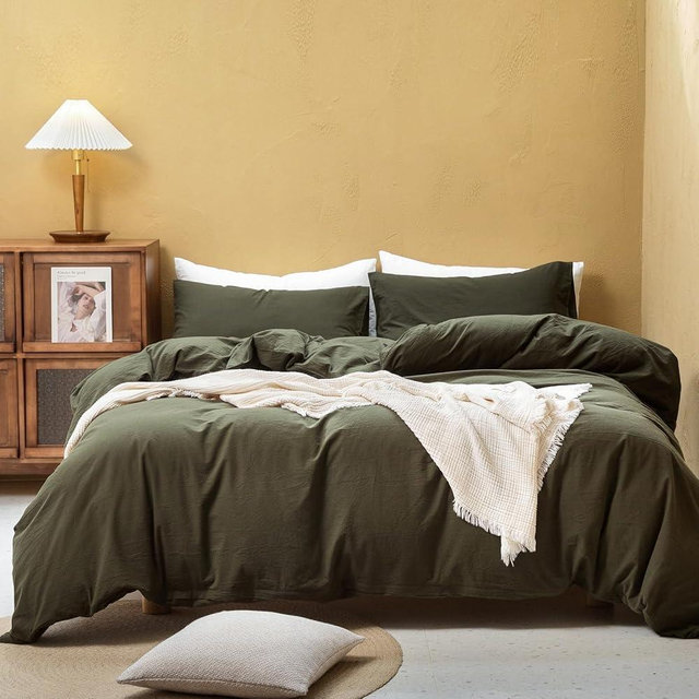 FOSSA Duvet Cover Set 100% Washed Cotton Linen Feel Super Soft Breathable Cozy 3 Pieces Bedding Sets Solid Olive Green King