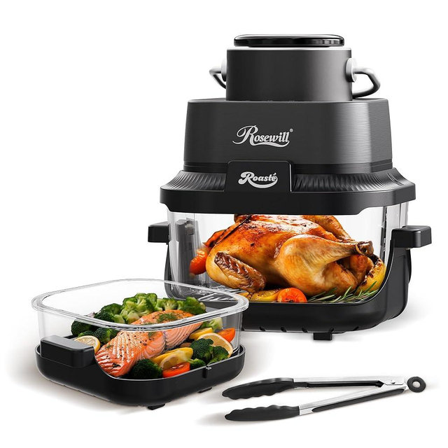 Rosewill 8-in-1 Portable Glass Air Fryer, 5.5QT & 1.6QT Dual Transparent Glass Cooking Pot with Storage Lid & Tongs, Compact Smart for Air Fry, Deep Roast, Recrisp, Bake and more – Black
