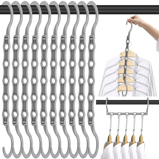 Space Saving Hangers, 10PCS Magic Hangers, 5 Holes Sturdy Plastic Hanger Clothes Organizer, Closet Organizers and Storage, Space Saver Hangers Organization, College Dorm Room Essentials (Gray)