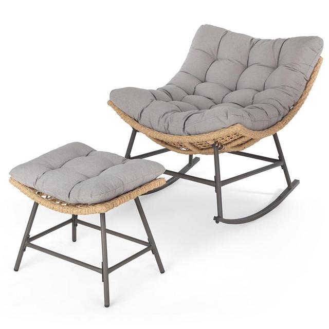 MFSTUDIO Outdoor Papasan Rocking Chair with Ottoman, Wicker Rattan Egg Papasan Rocking Chair, Oversized Egg Shaped Patio Chair, Outdoor Lounge Rocker Chairs for Patio, Balcony, Porch and Indoor