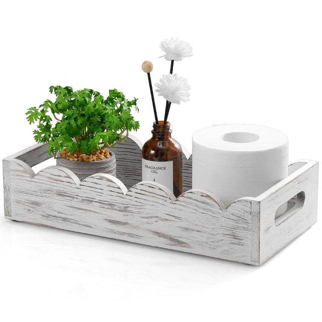 GCWSTJK Bathroom Basket for Toilet Tank - White Wood Toilet Basket with Decorative Wavy Panels, Back of Toilet Organizer for Organizing Toilet Paper, Towels, and Bathroom Accessories