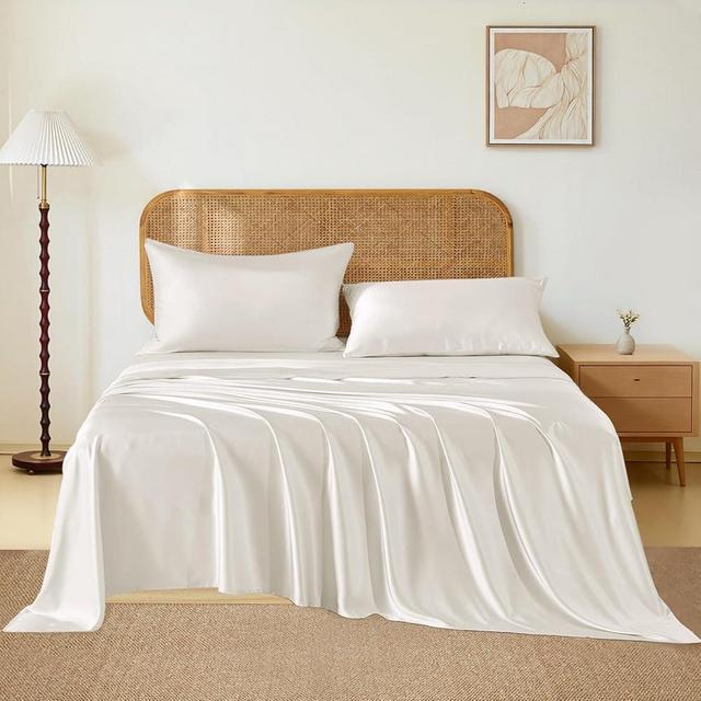 THXSILK Luxury Mulberry Silk Bed Sheets Set - 4pcs Silk Sheets Set 16" Deep Pocket - 1 Fitted Sheet, 1 Flat Sheet, 2 Pillowcases with Zipper Closure - Calfornia King, White