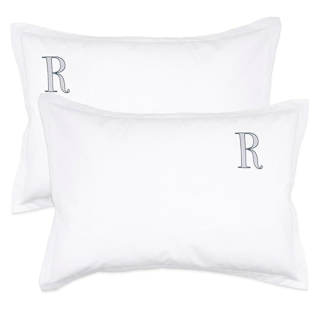 Monogrammed Pillow Shams - Elegant Decorative Pillow Covers with Signature Embroidery - Crisp & Cooling Cotton Percale - Personalized Embroidered Design - US Standard Pillowcase Size in White - R