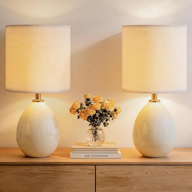 Dawnwake 18.5" Table Lamps Set of 2 for Living Room Bedroom, Bedside Lamps for Night Stands, Desk Nightstand Lamp Dimmable, Modern Linen Cream Ceramic Lamps