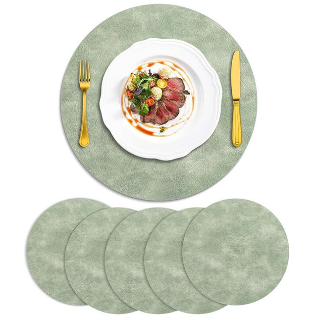 ADRIMER Placemats, Heat Resistant Round Placemats Set of 6 Washable, Waterproof Table Mats, Wipeable Faux Leather Place Mats for Kitchen, Dining Room, Green