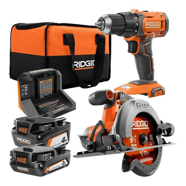 RIDGID 18V Cordless 1/2 in. Drill/Driver and 6-1/2 in. Circular Saw Combo Kit with 2.0 Ah and 4.0 Ah Battery, Charger, and Bag
