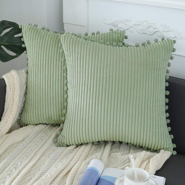 sykting Sage Green Pillow Covers 16x16 inch Soft Striped Boho Farmhouse Decorative Throw Pillow Covers with Pom Poms for Couch Sofa Bed Chair Outdoor Pack of 2