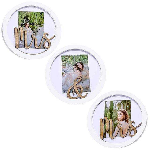 Mrs & Mrs 4x6 Set of 3 Wedding Picture Frames - White Circle Picture Frames, Lesbian Couple Gifts - Mrs and Mrs Lesbian Wedding Gift for Newly Wed Couples. Unique Wedding Registry Gift Idea - Bride and Bride - Anniversary Gift - Her and Her Couple Gift - Engagement Gift - Lesbian Valentines Day Gift - Special Lesbian Gift