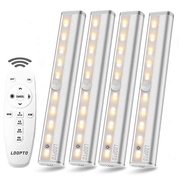 Remote Control Cabinet Light 4PACK, LDOPTO Dimmable 10-LED Wireless Under Counter Lighting, Battery Operated Closet Light, Stick-on Touch Sensor Night Light, 2 Control Methods (Remote/Touch Control)