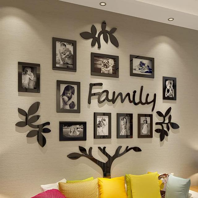 Vaabee Family Tree Wall Decor Acrylic 3D DIY Stickers Picture Frame Collage Home Decorations for Living Room Bedroom Kitchen Dining Office New House Gifts Black Large 47x47 Inch