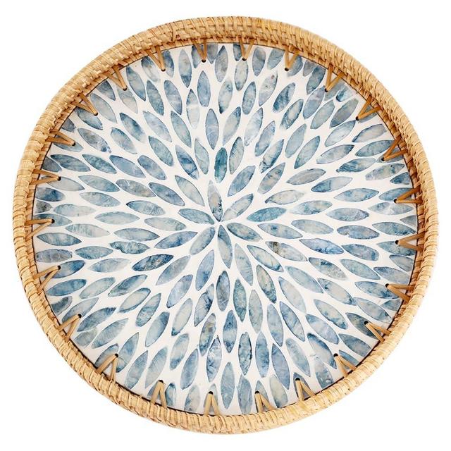 Tynulox Round Rattan Tray with Mother of Pearl Inlay, Rattan Serving Tray for Coffee, Bread, Fruits, Decorative Wicker Tray for Table Decor, Home Decor, Kitchen Island Decor (Light Blue Leaf, 11.8")