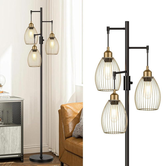Dimmable Floor Lamp, Industrial Floor Lamps for Living Room, Gold and Black Tree Lamp Standing Lamp Tall Lamps with 3 Elegant Teardrop Cage Head & 800 Lumens LED Bulbs for Living room Bedroom Office