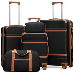 LONG VACATION Luggage Sets 5 Piece, Suitcases With Wheels, PC+ABS Hardshell Luggage Set with Spinner Wheels, TSA Lock (Black Brown)