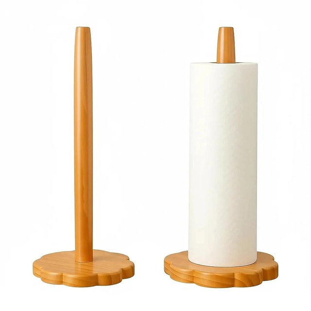 Wood Paper Towel Holder, Countertop Wooden Kitchen Towel Roll Stand with Flower Shape Anti Skid Base Rack Napkin Organizer for Kitchen Countertop Dining Table Cabinet(Wood Color)