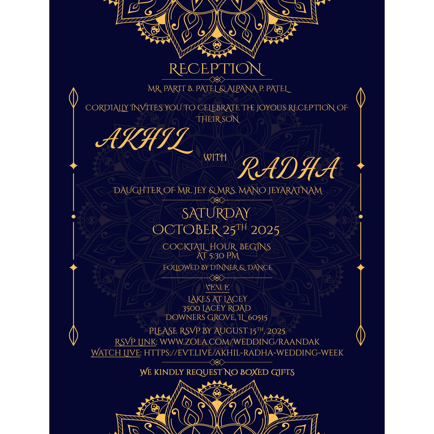 We welcome guests to celebrate Akhil & Radha to enjoy the evening filled with cocktails, games, dinner, toasts, & dancing to share our appreciation of all of our guests traveling to celebrate with us!