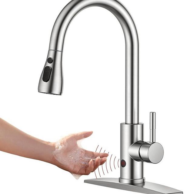 FORIOUS Touchless Kitchen Faucet with Pull Down Sprayer, Brushed Nickel Hands-Free Smart Motion Sensor Sink Faucet Single Handle Contemporary, Suitable for Farmhouse Laundry Camper RV Bar